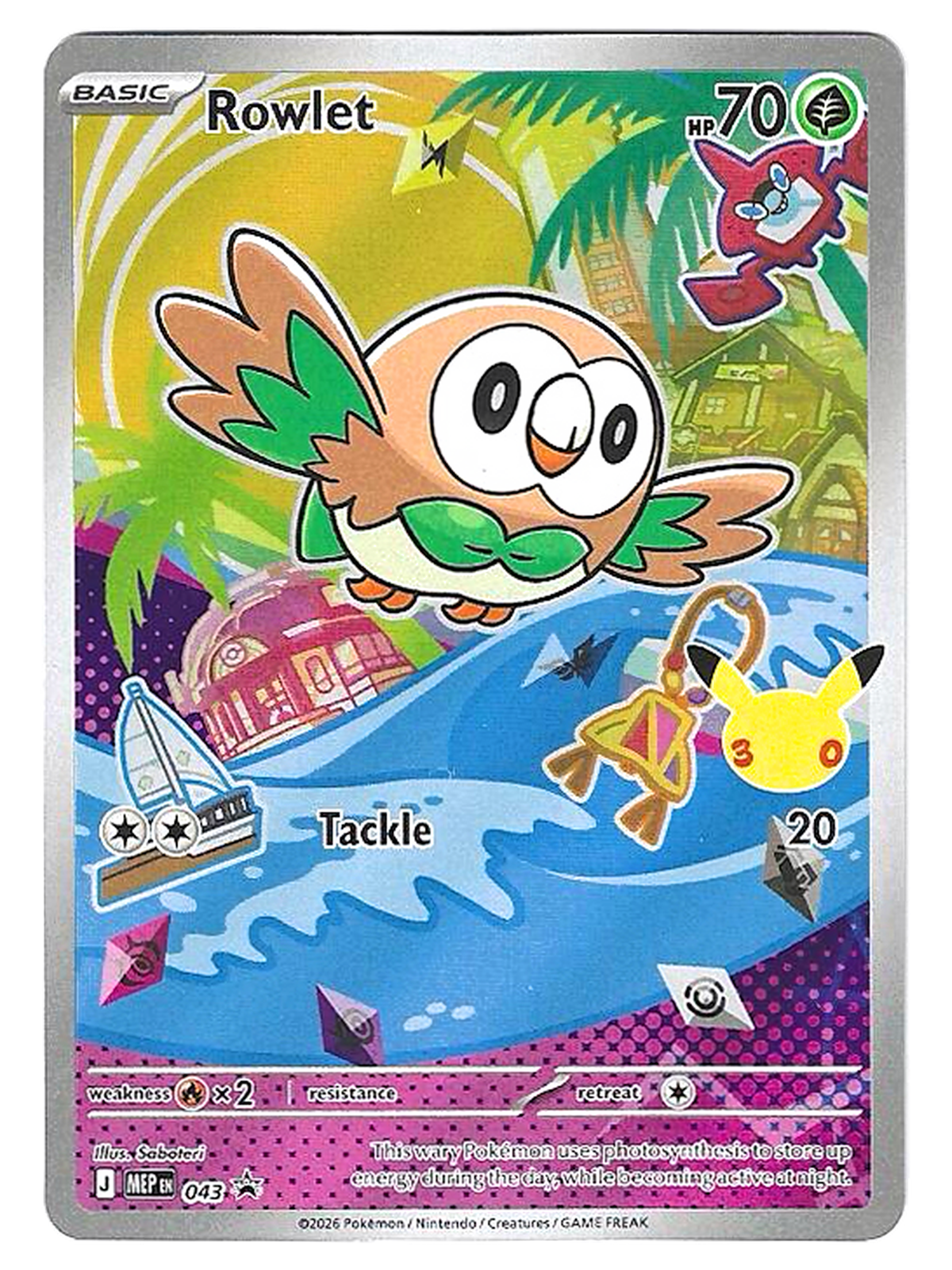 Brindibou / Rowlet MEP 043 – Carte Promo – Premiers Partenaires Série 1 – 30e anniversaire — Promos Méga-Évolution — EN