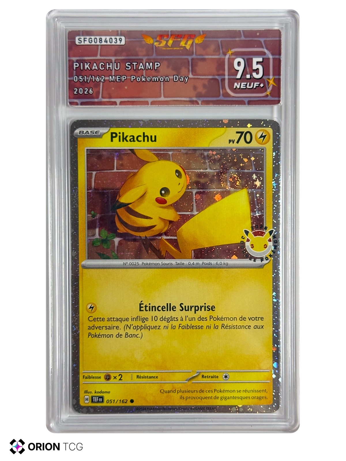 Pikachu 051/162 – Pokémon Day 2026 – Holo estampillée 30 ans – SFG 9.5 NEUF+ — Forces Temporelles / Temporal Forces — FR